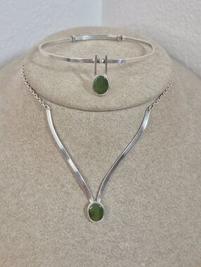 Sterling Silver Necklace and Bracelet Set with Nephrite Jade Pendants